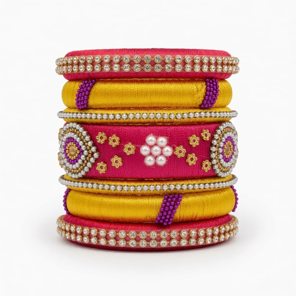 Shanti Collections Handmade Royal Pink & Mustard Silk Thread Bridal Bangle Set with Kundan, Pearl & Crystal Accents