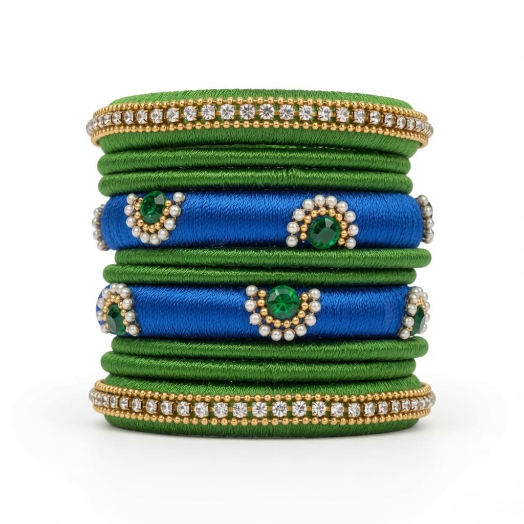 Shanti Collections Handmade Royal Green & Royal Blue Silk Thread Designer Bangle Set | Emerald Stone, Pearl & American Diamond Bangles