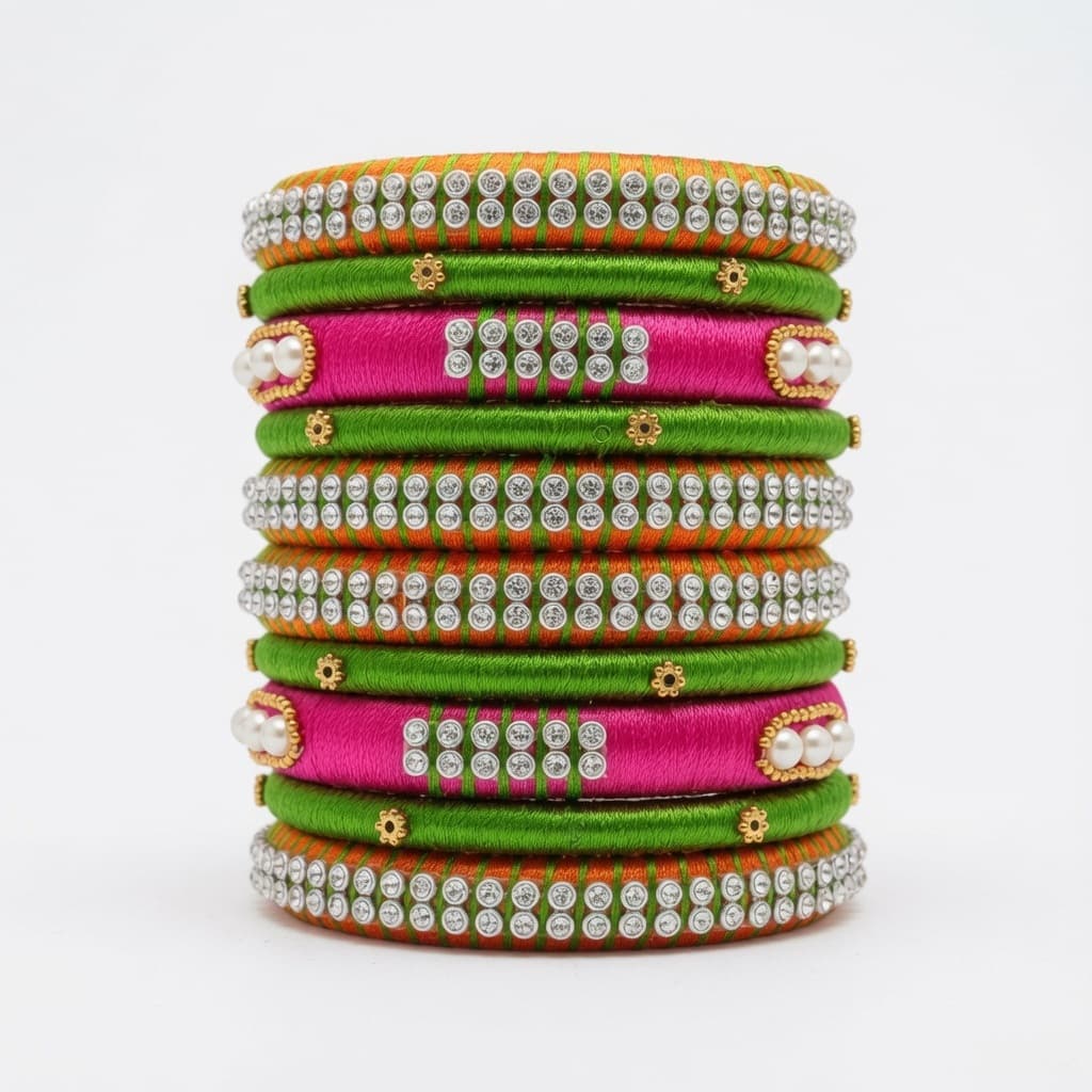 Shanti Collections Handmade Multicolor Silk Thread Bridal Bangle Set with Crystal & Pearl Accents