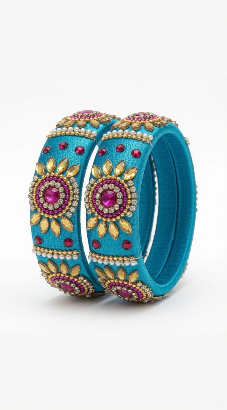 Shanti Collections Turquoise Radiant Bloom Handmade Silk Thread Bridal Bangle Pair