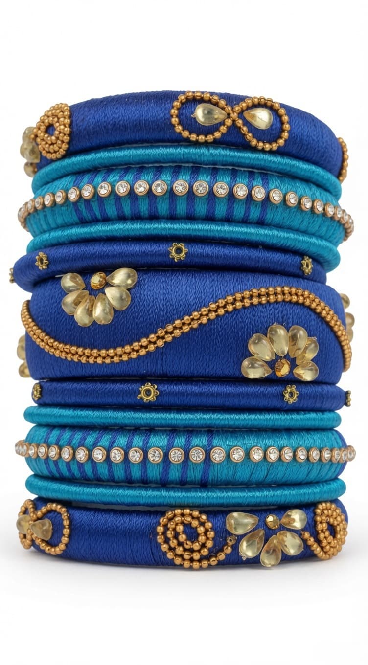Shanti Collections Handmade Royal Sapphire & Aqua Silk Thread Bangle Set with Golden Bead Floral Accents