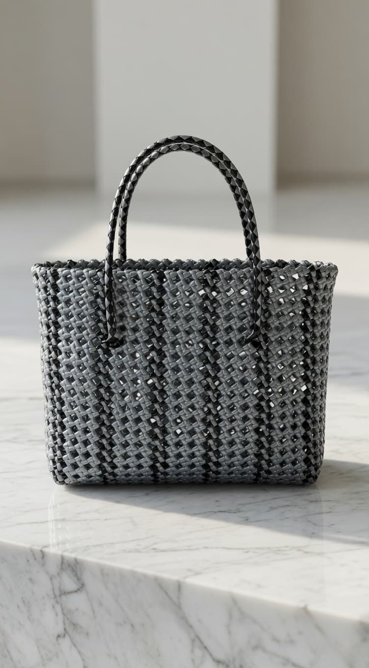 Handwoven Grey & Black Plastic Wire Tote Bag for Women | Lightweight Reusable Shopping & Travel Handbag