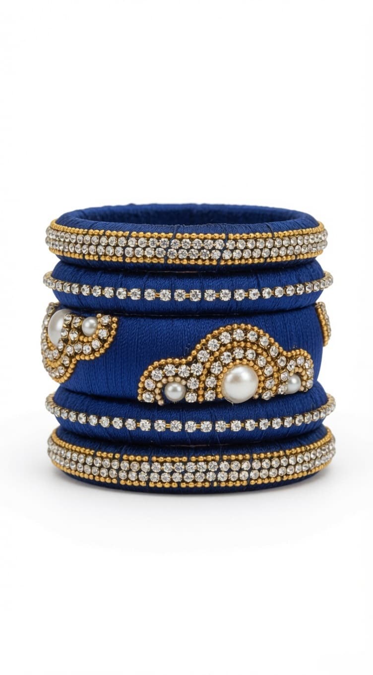 Shanti Collections Midnight Royale Pearl Wave Handmade Silk Thread Bangle Set | Navy Blue Designer Bridal Collection