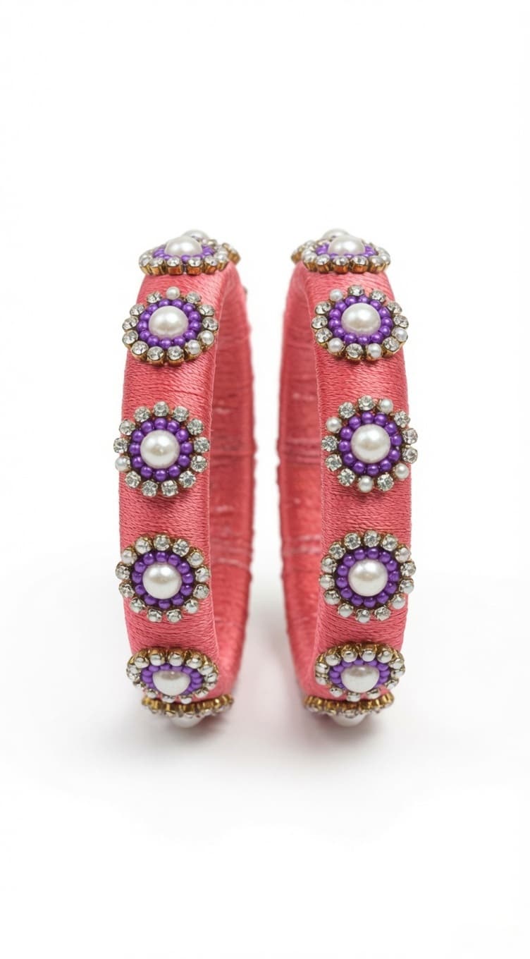 Shanti Collections Handmade Peach Silk Thread Designer Kada Pair | Pearl, Lavender Bead & American Diamond Floral Premium Bangles