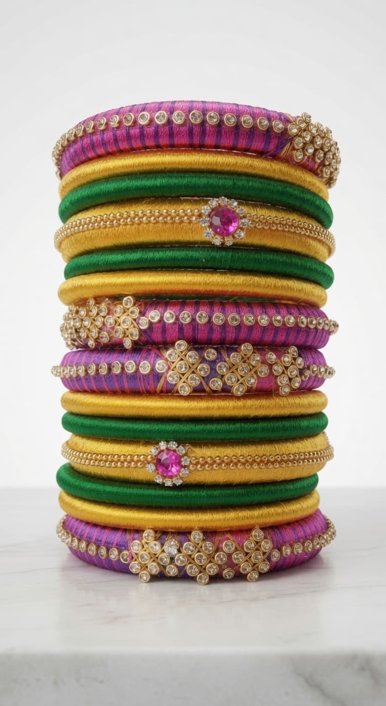 Shanti Collections® Maharani Heritage Silk Thread Bridal Bangle Set – Purple, Emerald Green & Antique Gold | Handmade Designer Wedding Bangles