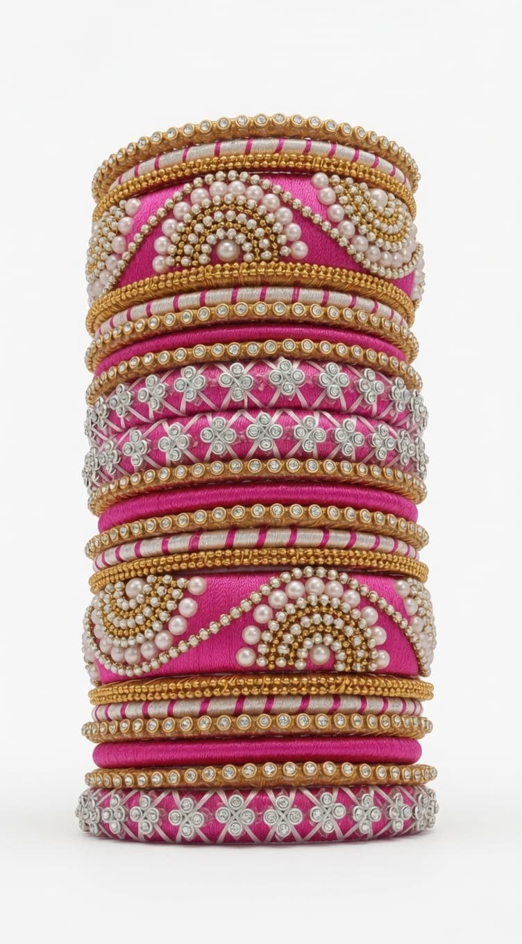 Shanti Collections Handmade Pink Pearl & Stone Designer Silk Thread Bangle Set | Bridal & Festive Wear