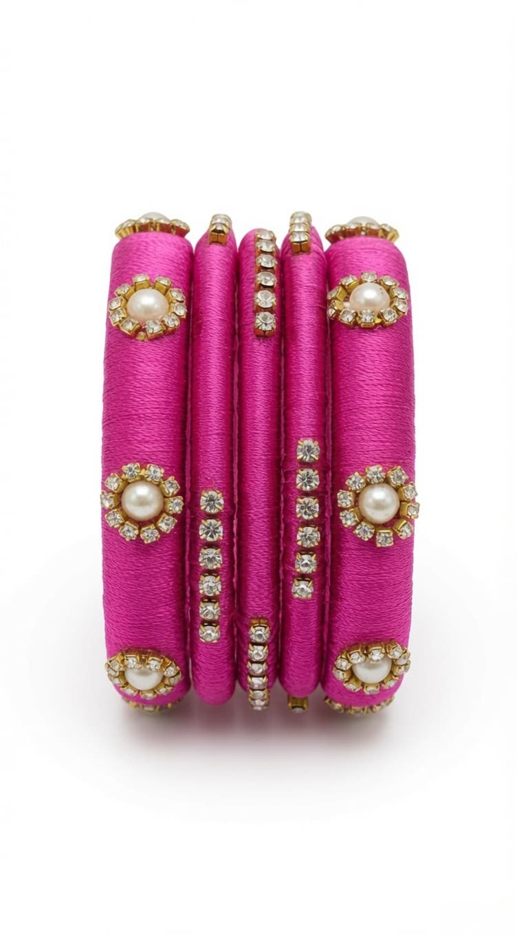 Shanti Collections Handmade Fuchsia Pink Silk Thread Pearl & Stone Designer Bangle Set