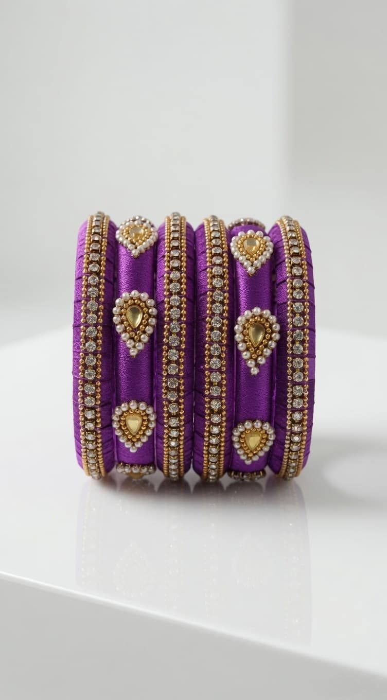 Shanti Collections Handmade Royal Purple Silk Thread Designer Bangle Set with Kundan, Pearl & Crystal Stone Work