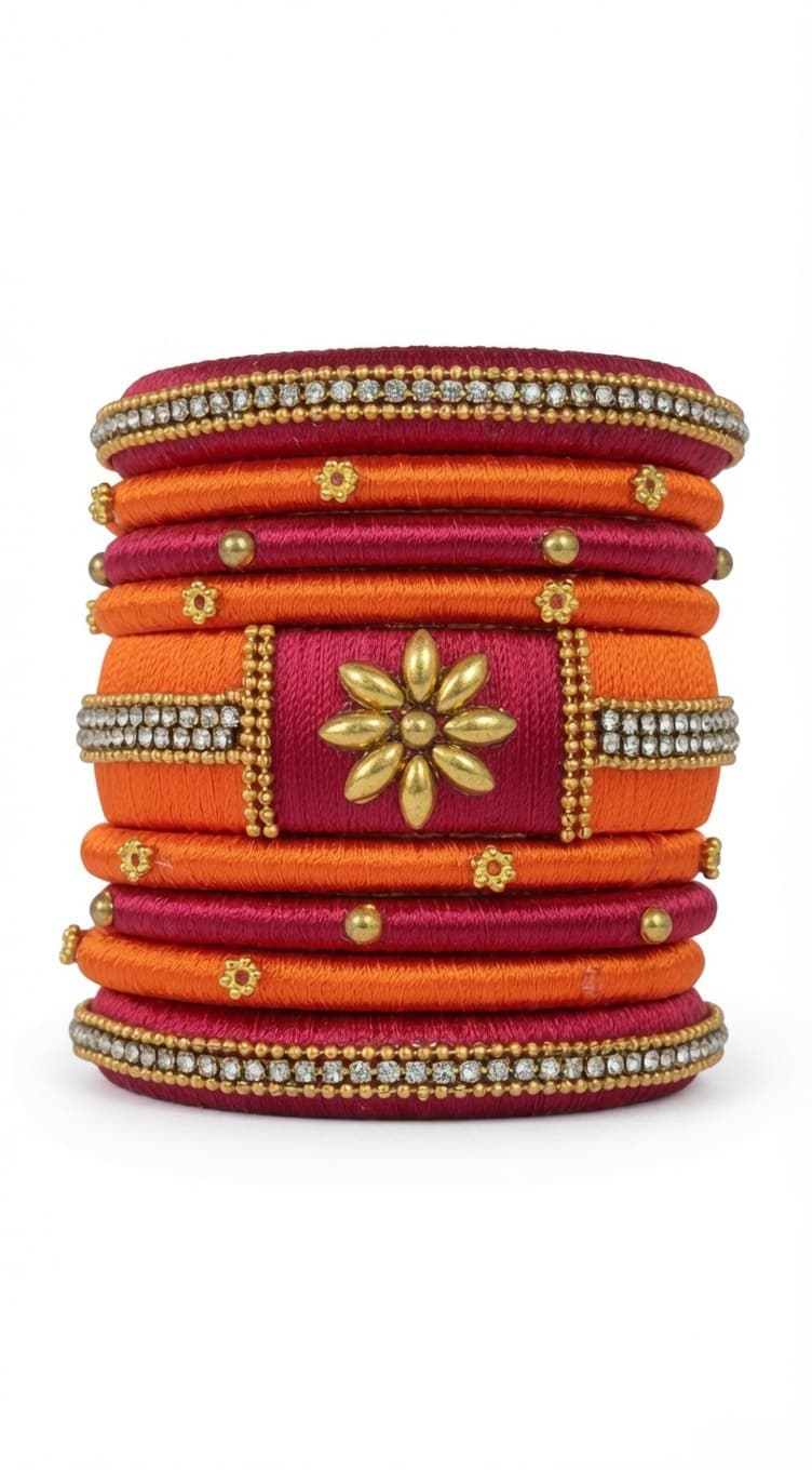Shanti Collections Saffron Blossom Floral Handmade Silk Thread Bridal Bangle Set