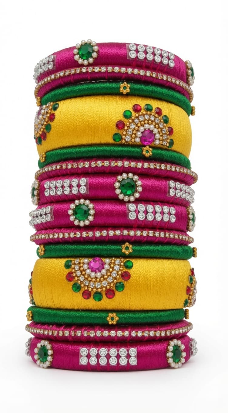 Shanti Collections Handmade Magenta, Yellow & Green Silk Thread Designer Bangle Set with Kundan, Pearl & Stone Embellishments