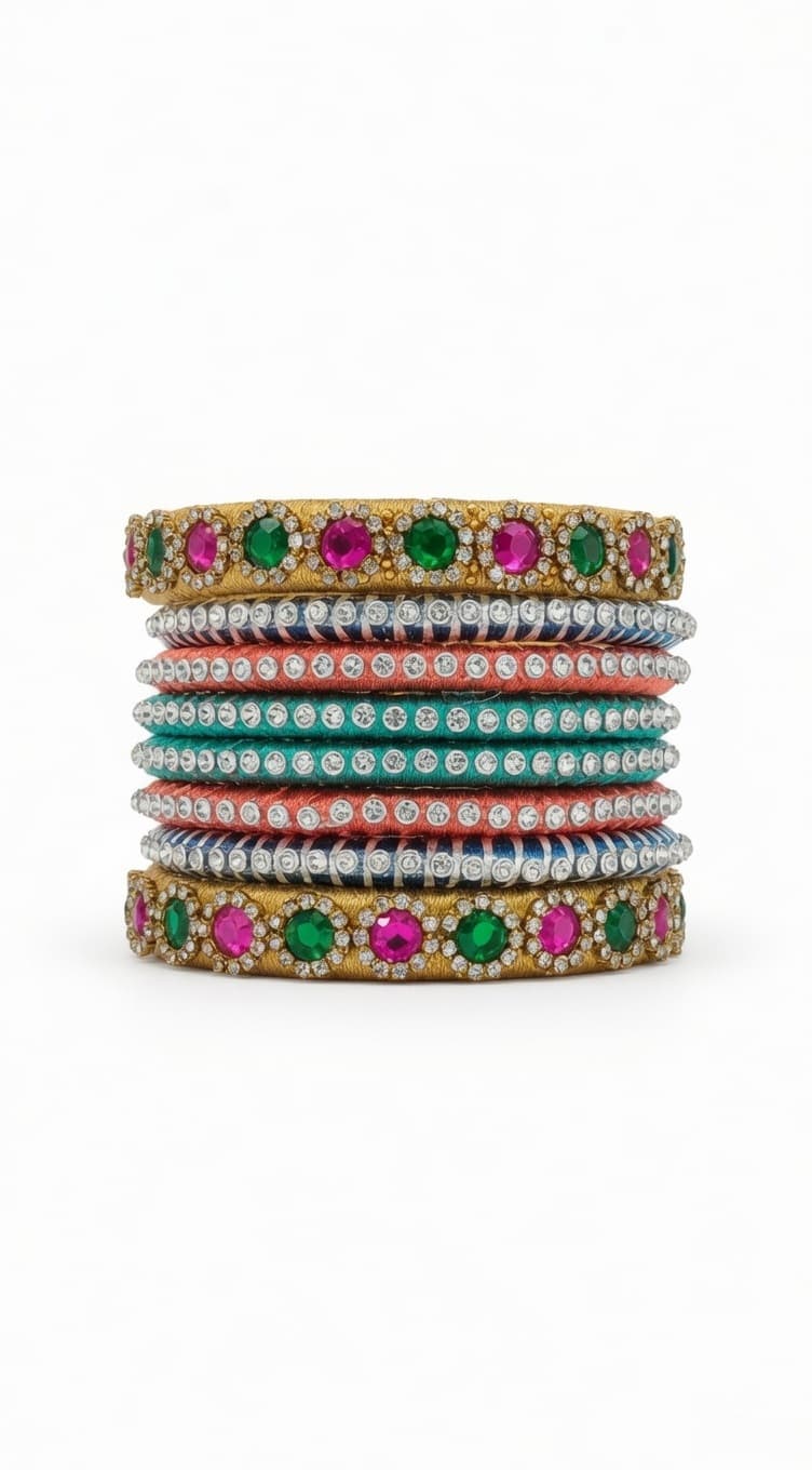 Shanti Collections Handmade Pastel Multicolor Silk Thread Designer Bangle Set with Kundan Stone Borders