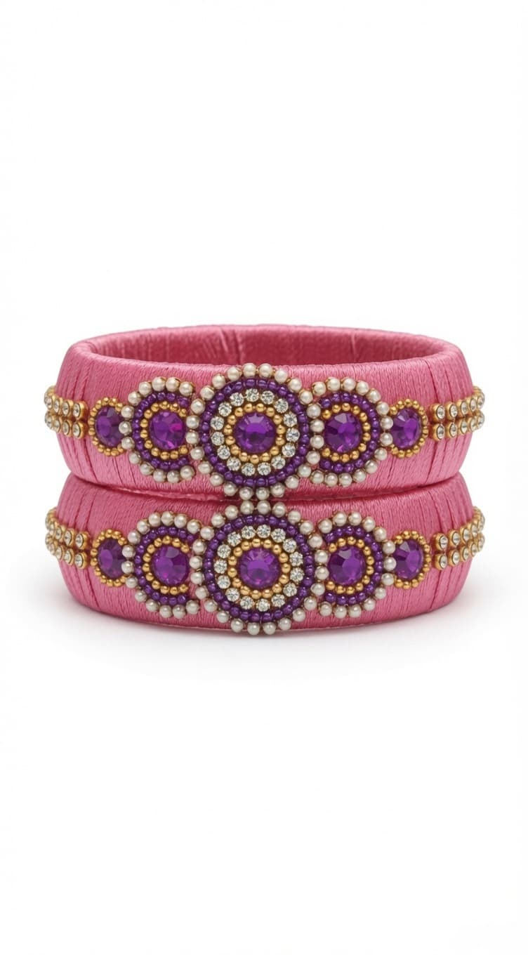Shanti Collections Rosé Amethyst Pearl Halo Handmade Silk Thread Bangle Set | Premium Bridal Collection