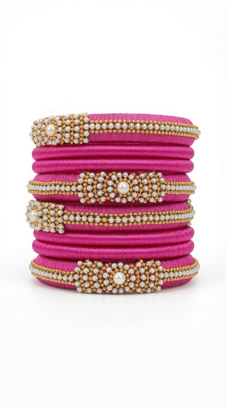 Shanti Collections Fuchsia Pearl Symphony Handmade Silk Thread Bangle Set | Premium Festival Collection