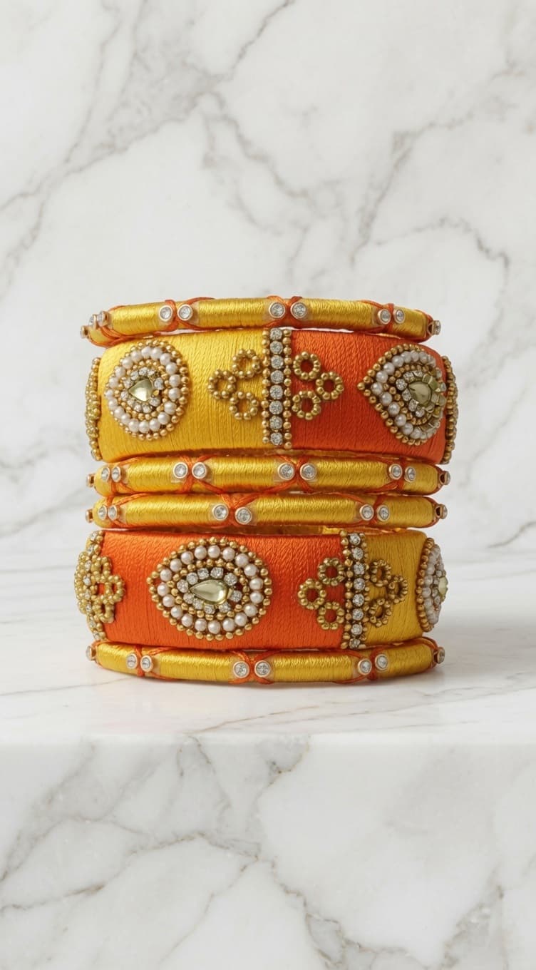 Shanti Collections Surya Kanaka Dual-Tone Handmade Silk Thread Bangle Set | Premium Bridal Collection
