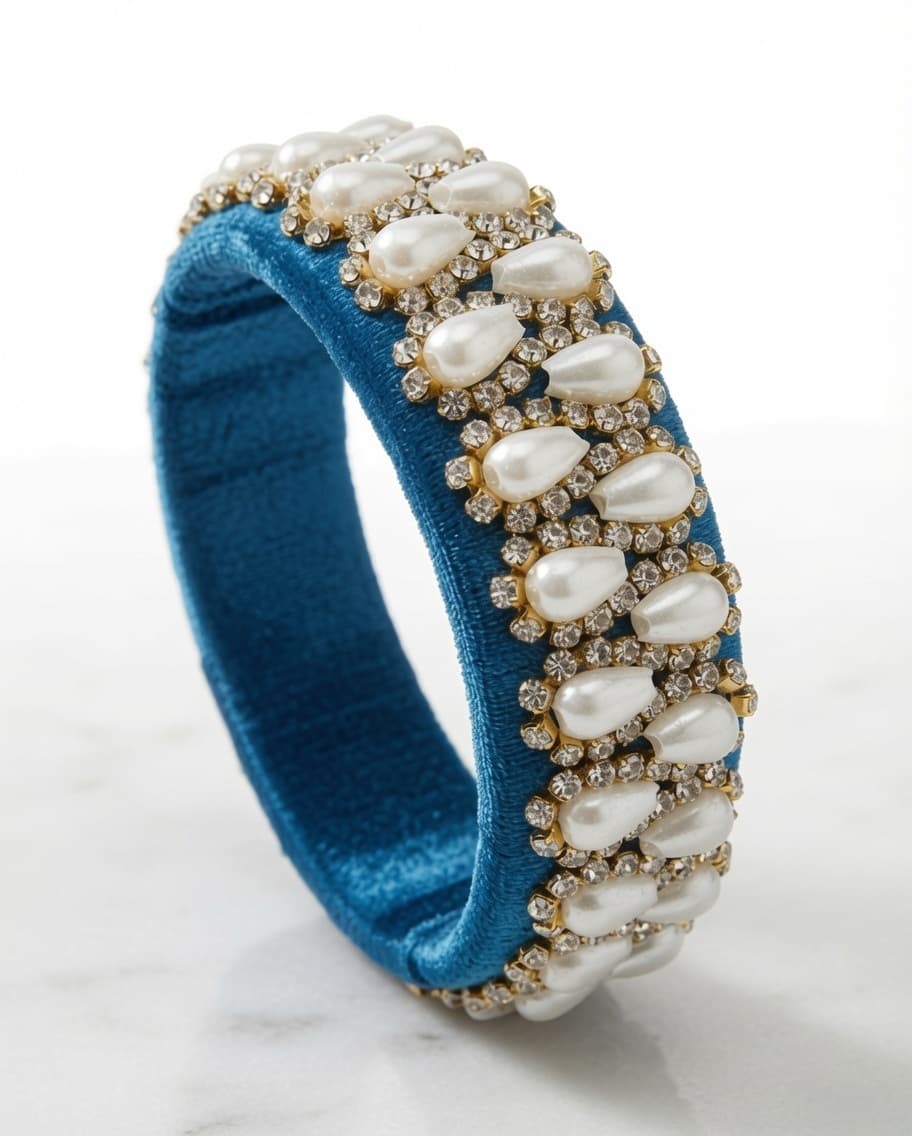 Royal Azure Pearl & Crystal Handmade Silk Thread Bangle | Premium Bridal Designer Kada