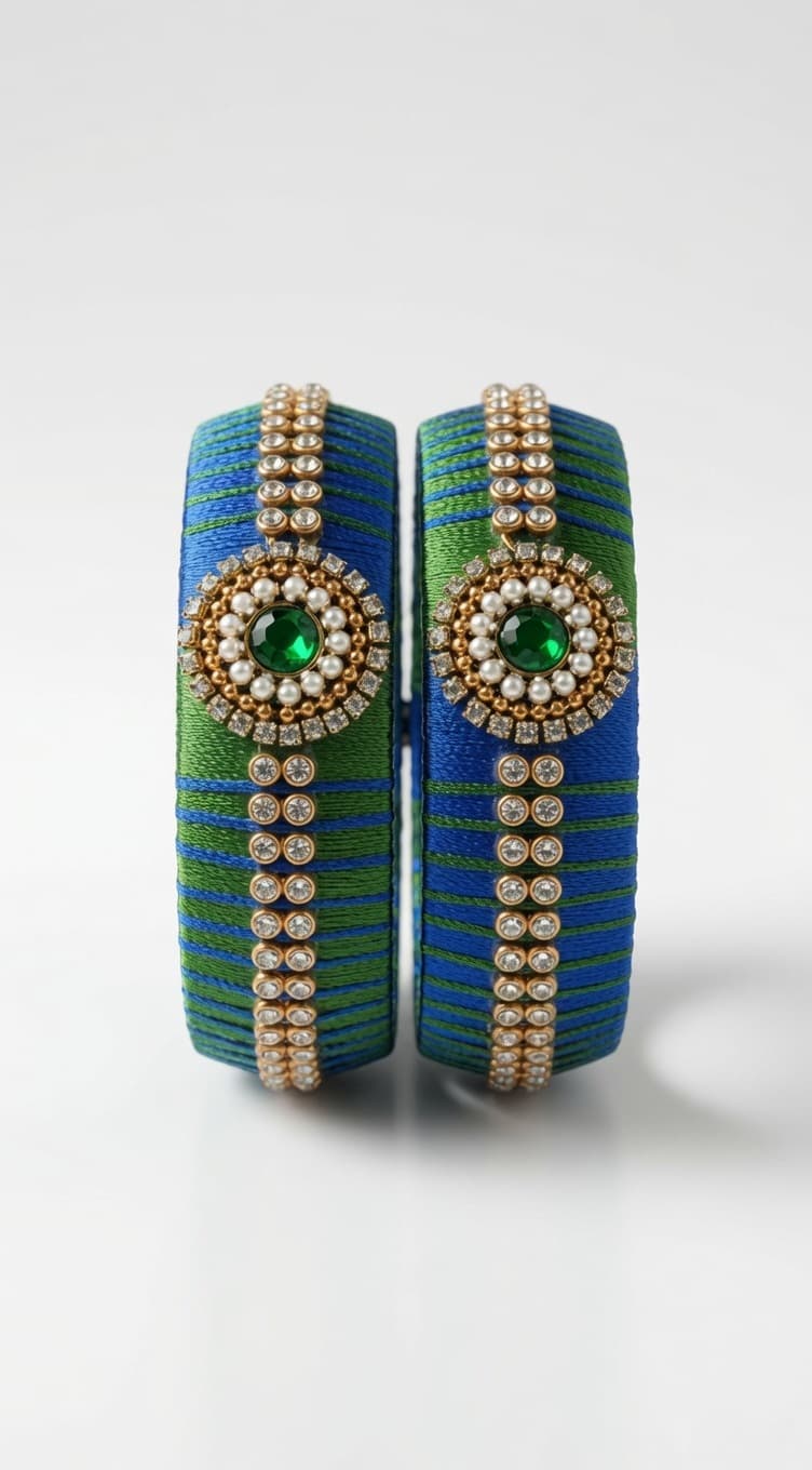 Shanti Collections Handmade Royal Blue & Emerald Green Silk Thread Bangles with Pearl and Crystal Centre Motif (Pair)