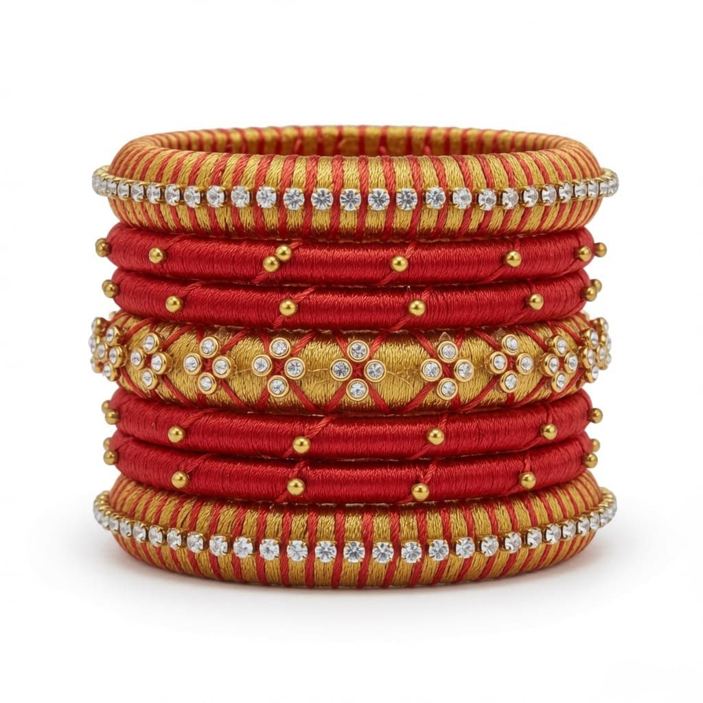 Shanti Collections Handmade Royal Red & Antique Gold Silk Thread Bridal Bangle Set with Crystal Stone Work