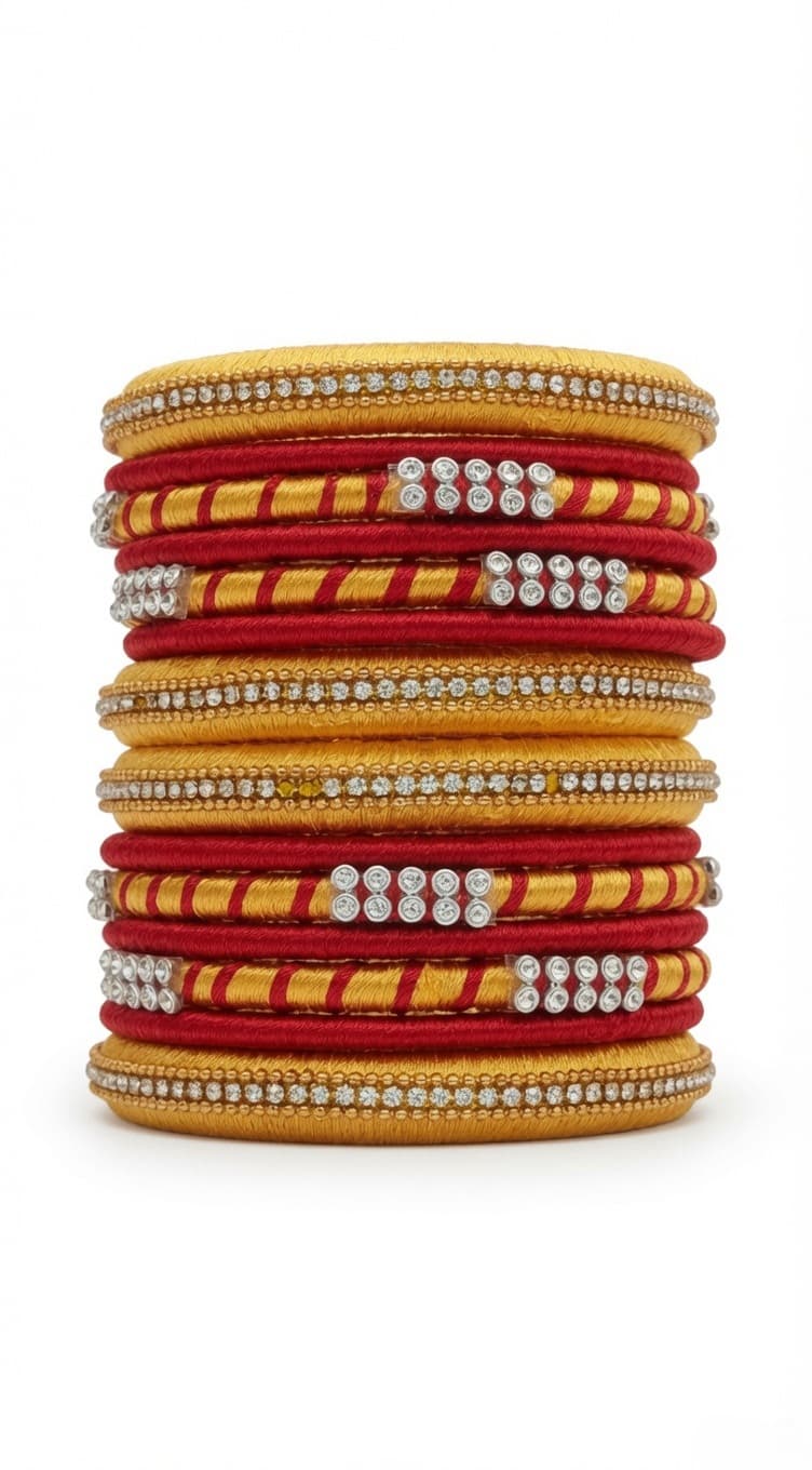 Shanti Collections Handmade Mustard Gold & Maroon Silk Thread Designer Bridal Bangle Set with Crystal Stone Accents