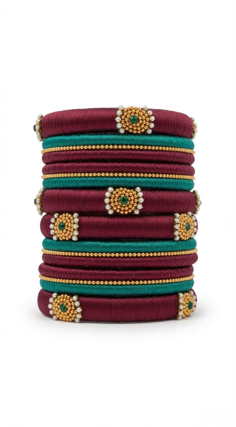 Shanti Collections Handmade Maroon & Emerald Green Silk Thread Designer Bangle Set with Pearl & Antique Gold Bead Work