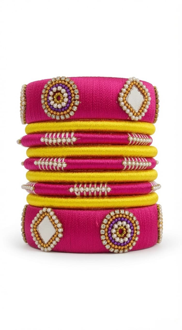 Shanti Collections Fuchsia Radiance Pearl & Mirror Handmade Silk Thread Bangle Set | Bridal & Festive Designer Collection