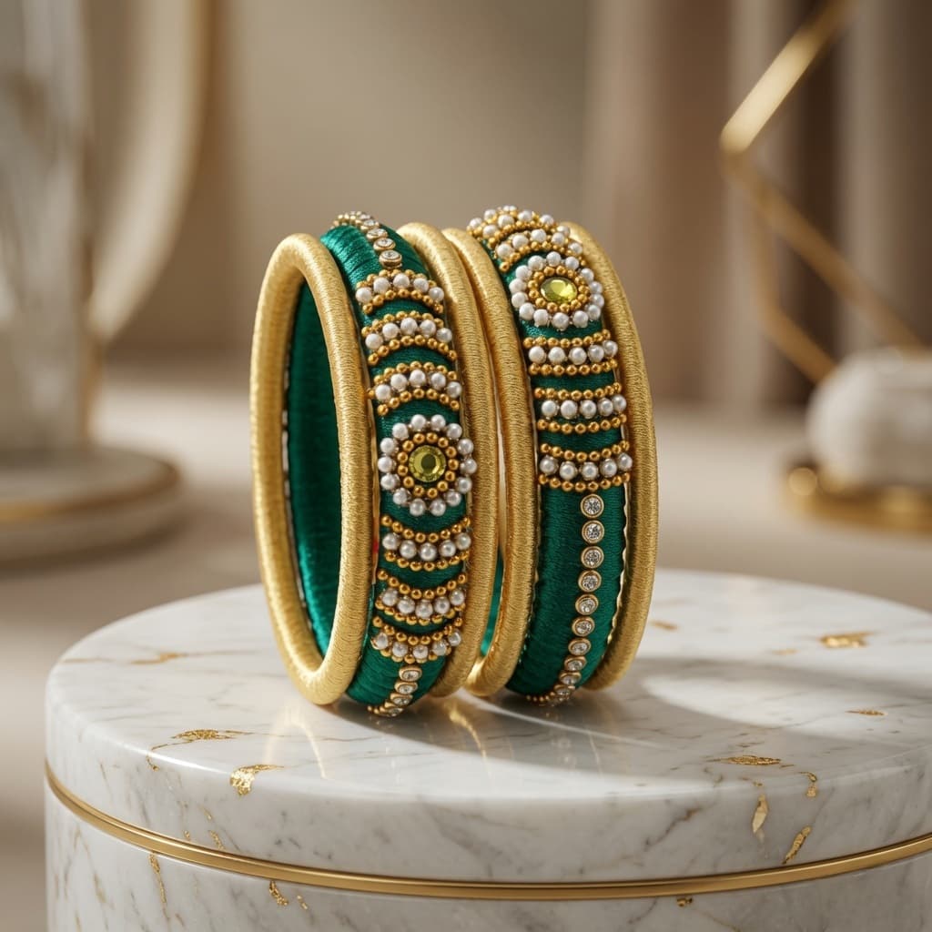 Shanti Collections® Emerald Royale Pearl Bloom Handmade Silk Thread Bangle Pair