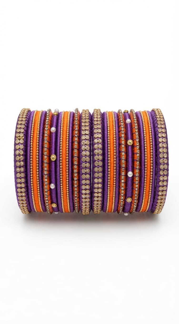Shanti Collections Handmade Royal Purple & Orange Silk Thread Designer Bangle Set | Stone & Pearl Embellished Bridal Bangles