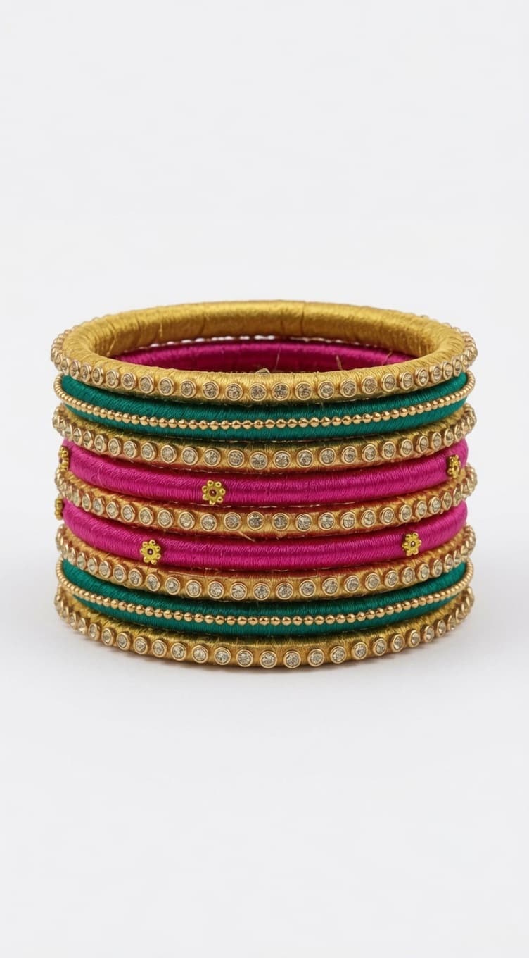 Shanti Collections Handmade Gold, Emerald Green & Rani Pink Silk Thread Designer Bangle Set | American Diamond Stone Embellished Premium Bridal Bangles