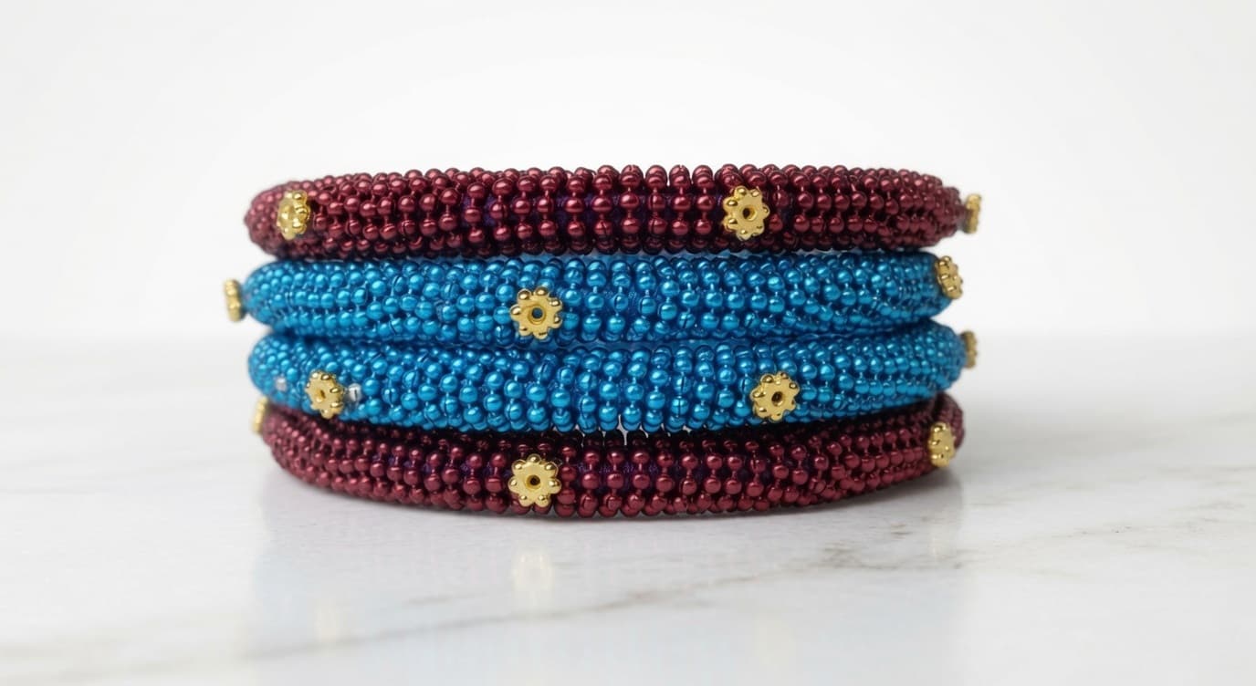 Shanti Collections® Royal Maroon & Turquoise Floral Handmade Beaded Bangle Set
