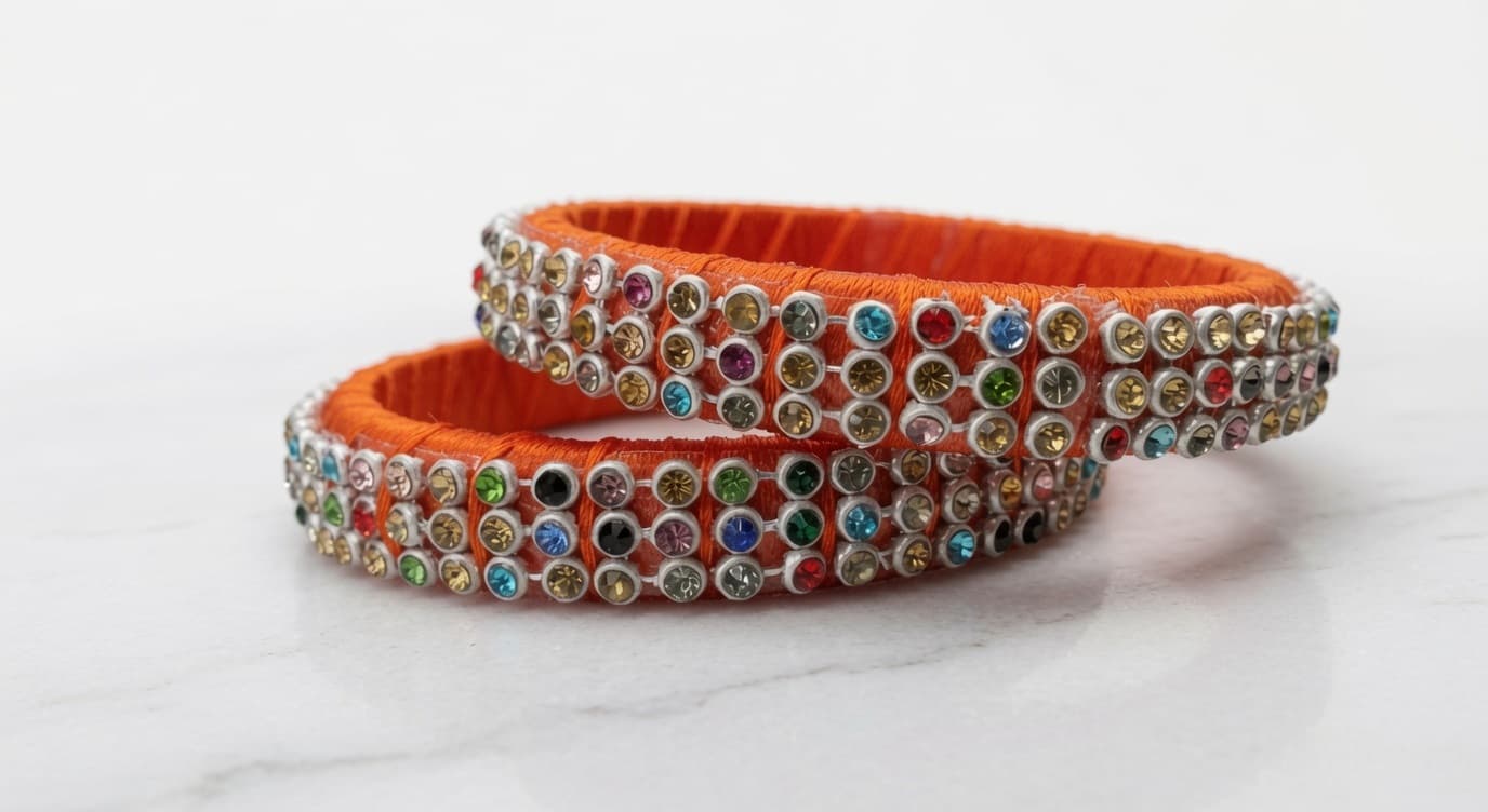Sunset Sparkle Multicolor Crystal Silk Thread Handmade Bangles | Premium Designer Pair