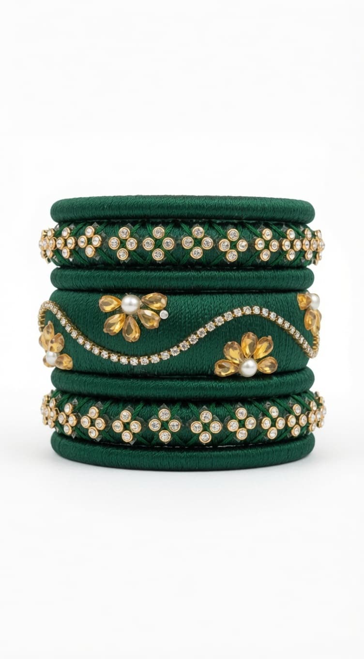 Shanti Collections Handmade Emerald Green Silk Thread Designer Bangle Set | Floral Stone, Crystal & Pearl Embellished Premium Bangles