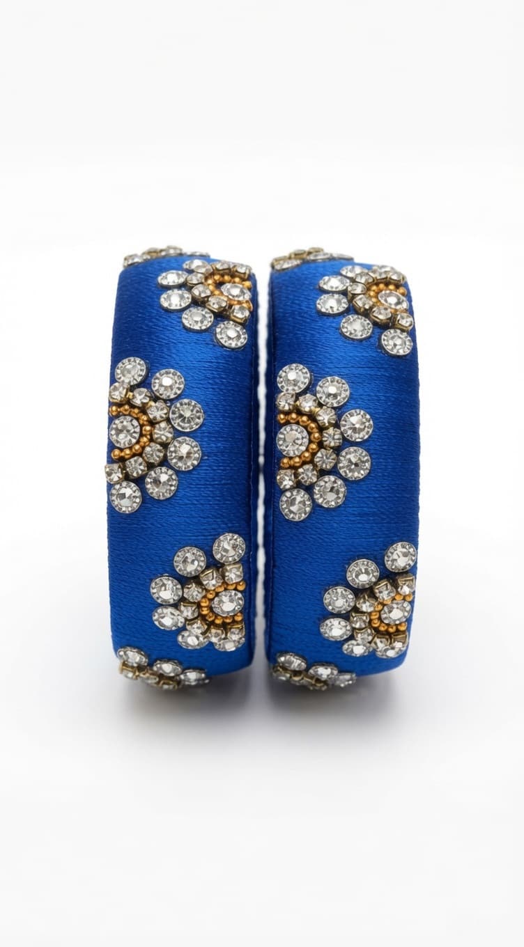Shanti Collections Handmade Royal Blue Floral Crystal Silk Thread Bangle Pair