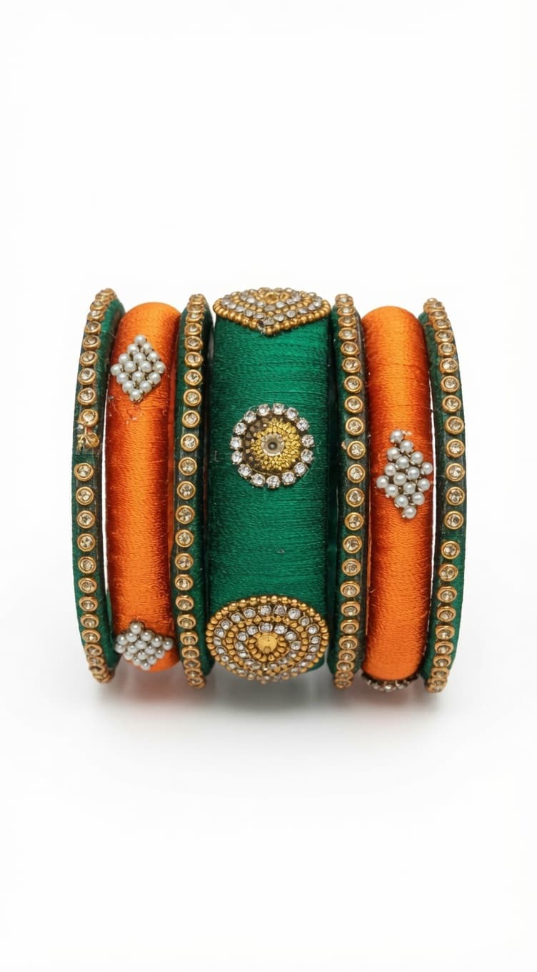 Shanti Collections Handmade Emerald Green & Tangerine Orange Silk Thread Designer Bangle Set with Pearl & Stone Embellishments