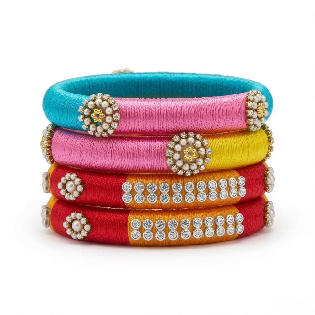 Shanti Collections Multicolor Pearl & Stone Silk Thread Bangle Set