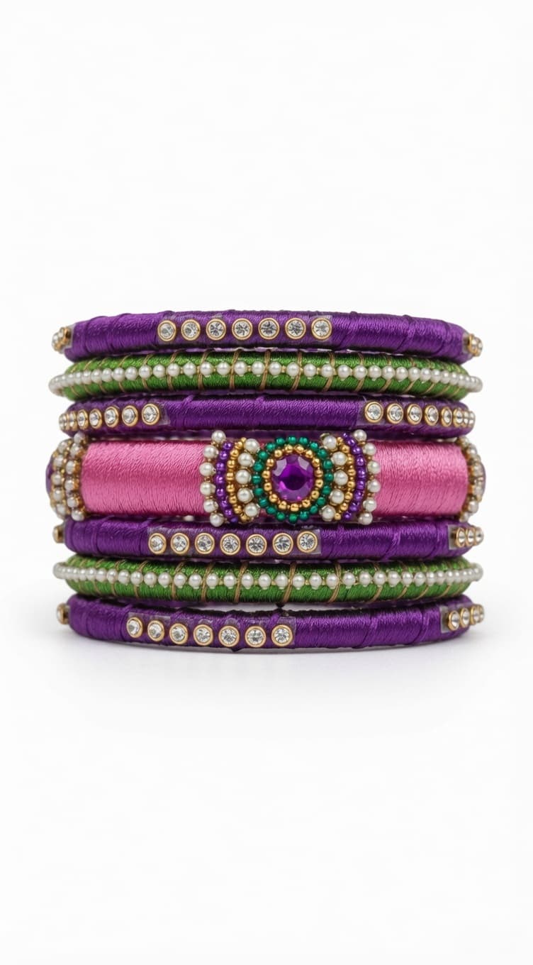 Shanti Collections Royal Orchid Pearl Elegance Handmade Silk Thread Bangle Set | Premium Bridal Collection