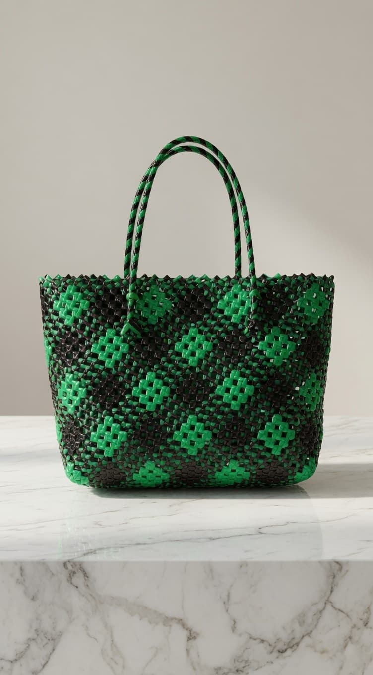 Handwoven Green & Black Plastic Wire Tote Bag for Women | Lightweight Reusable Shopping & Everyday Handbag
