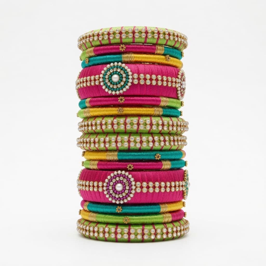 Shanti Collections Handmade Multicolor Silk Thread Bridal Bangle Set with Pearl & Stone Embellishments