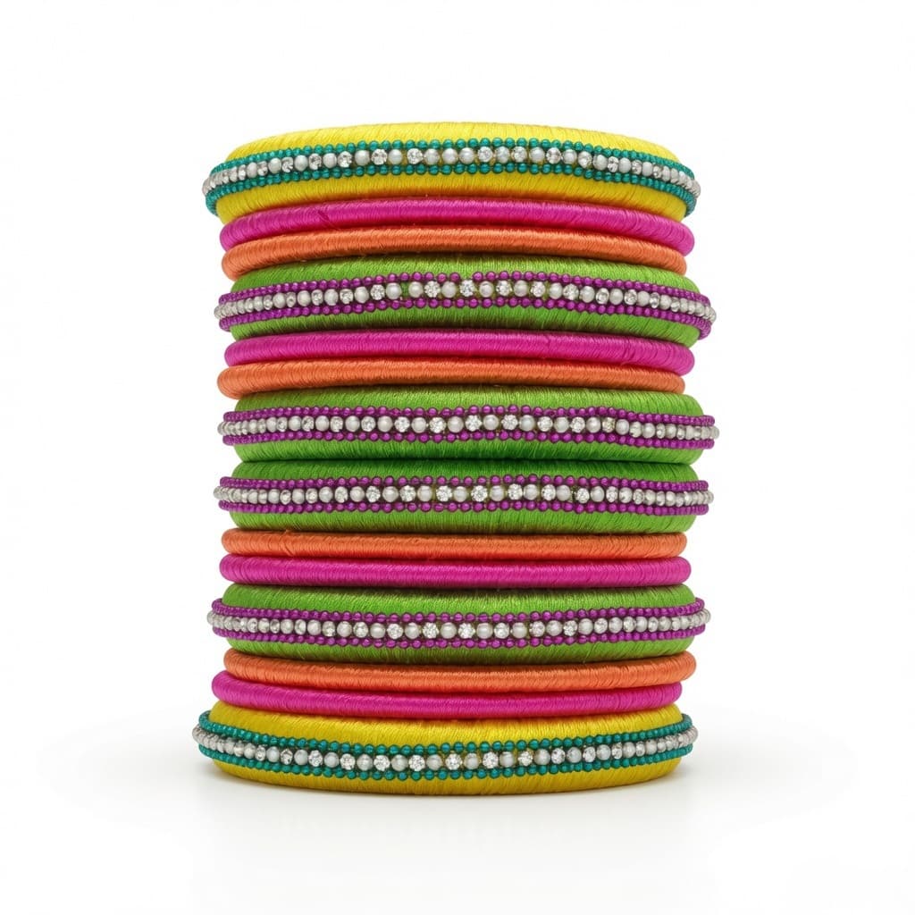 Shanti Collections Handmade Multicolor Silk Thread Designer Bangle Set | Pearl & American Diamond Premium Bangles