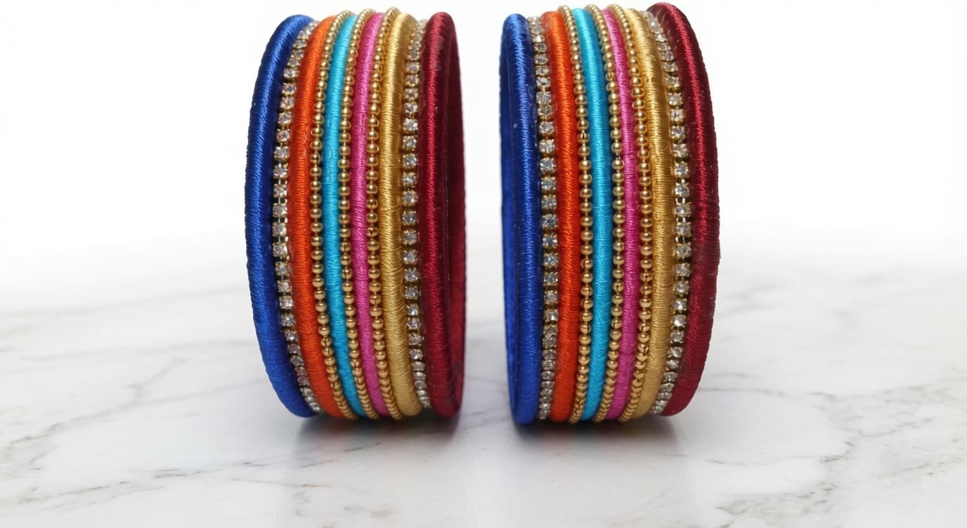 Shanti Collections® Royal Rainbow Silk Thread Designer Bangle Pair – Handmade Multicolor Crystal Stone Bangles for Women