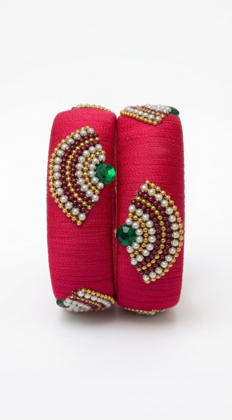 Shanti Collections Ruby Emerald Paisley Handmade Silk Thread Bridal Bangle Pair