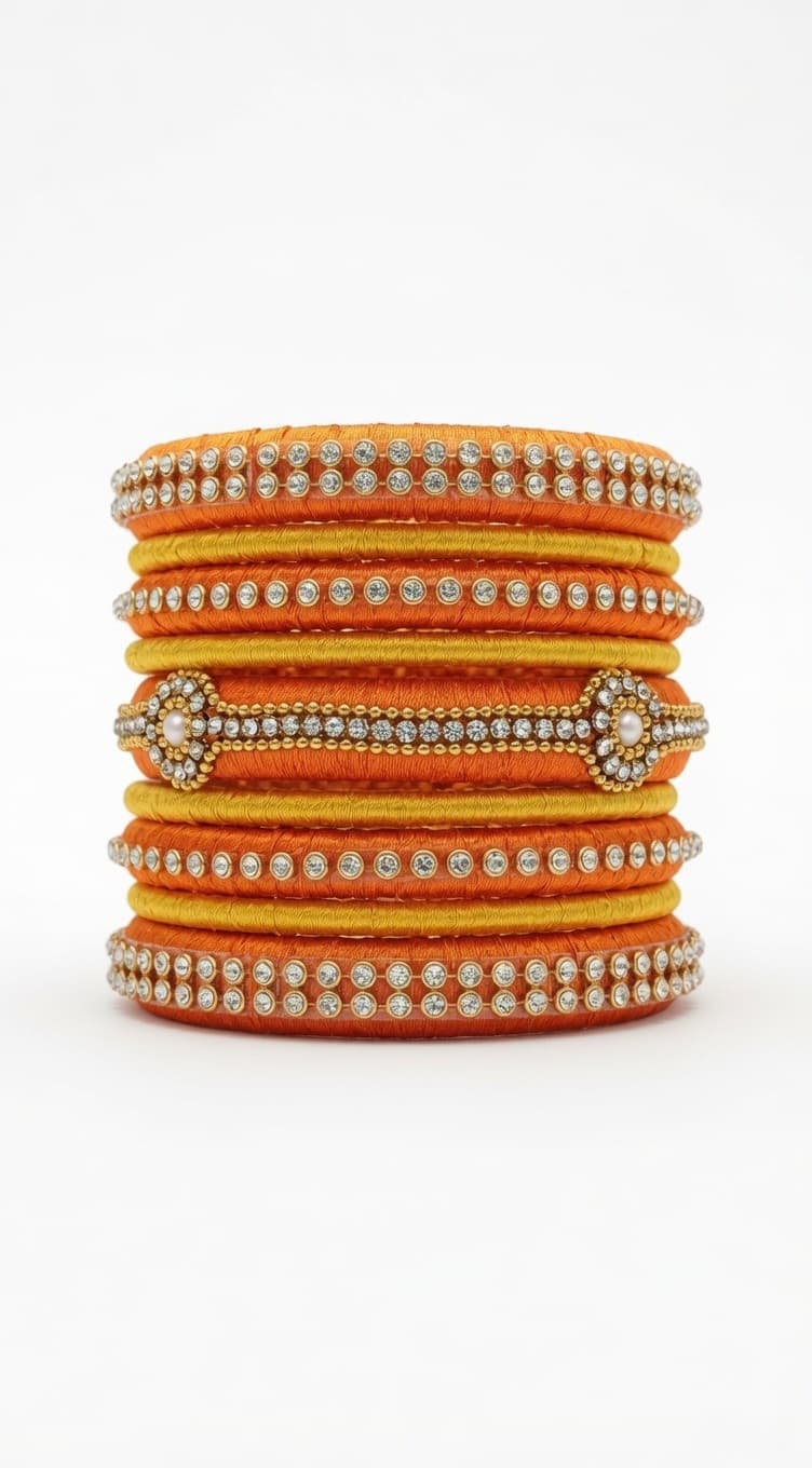Shanti Collections Handmade Orange & Gold Silk Thread Bridal Bangle Set with Crystal and Pearl Centrepiece