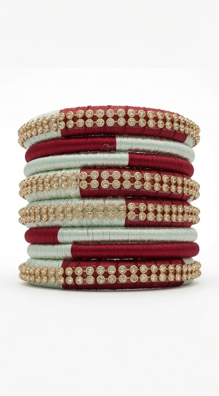 Shanti Collections Handmade Dual-Tone Mint & Maroon Silk Thread Bridal Bangle Set with Premium Stone Work