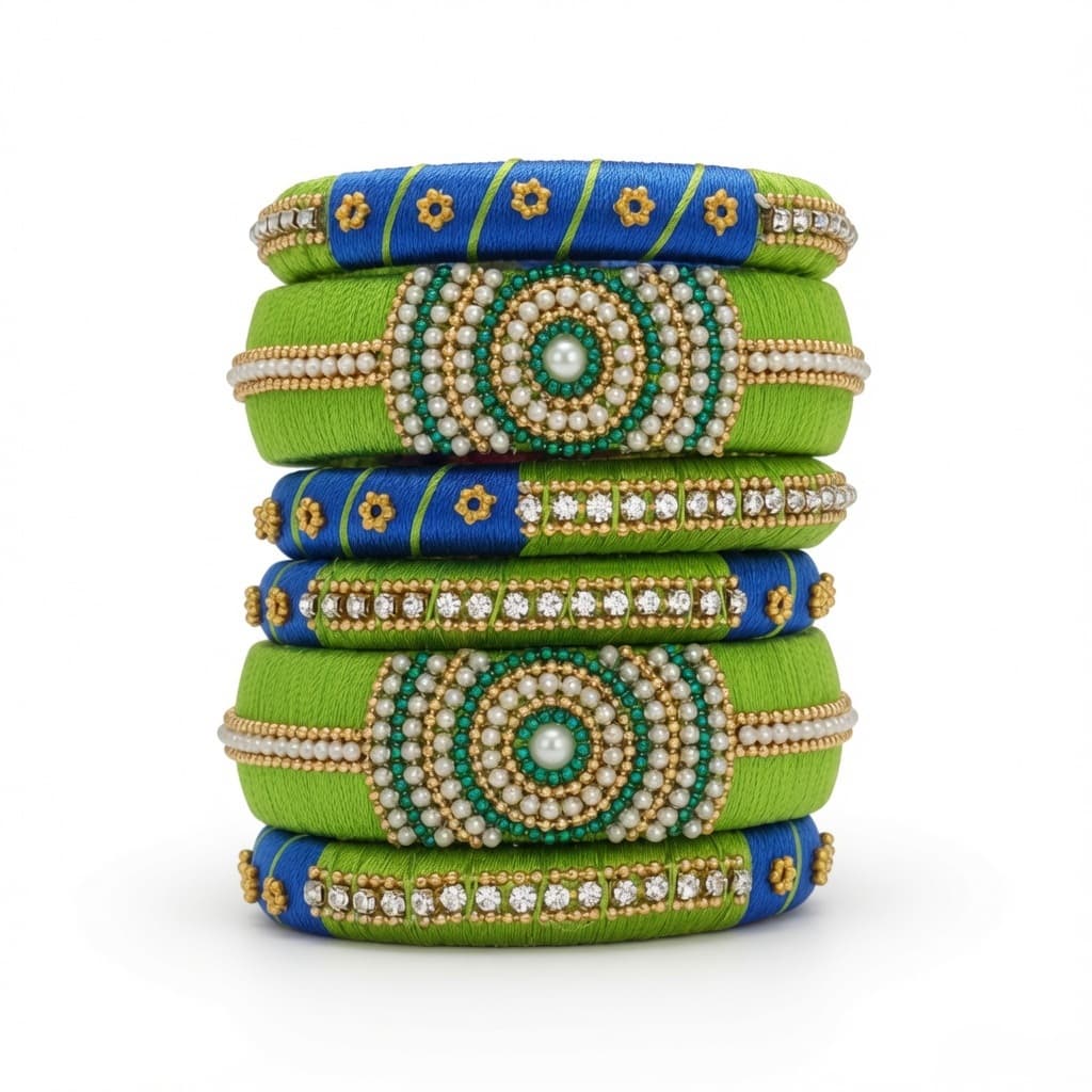 Shanti Collections Handmade Lime Green & Royal Blue Silk Thread Designer Bangle Set | Pearl & American Diamond Bangles