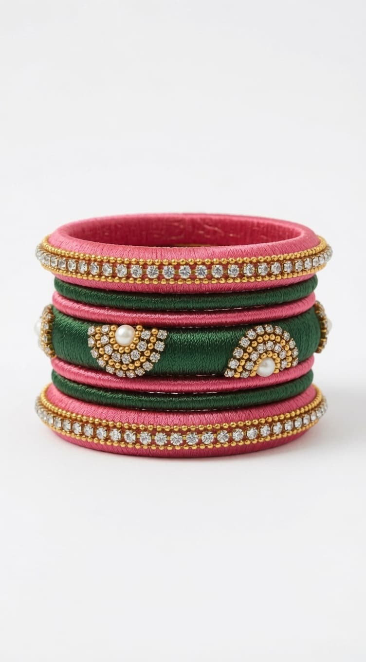 Shanti Collections Handmade Pink & Emerald Silk Thread Designer Bangle Set with Pearl Stone Embellishments