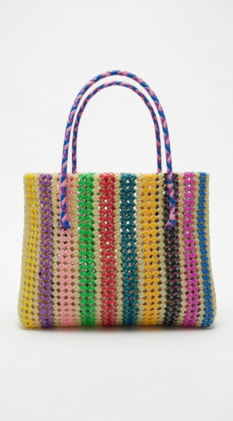 Handmade Multicolor Plastic Woven Tote Bag for Women | Lightweight Reusable Shopping & Everyday Handbag | Shanti Collections