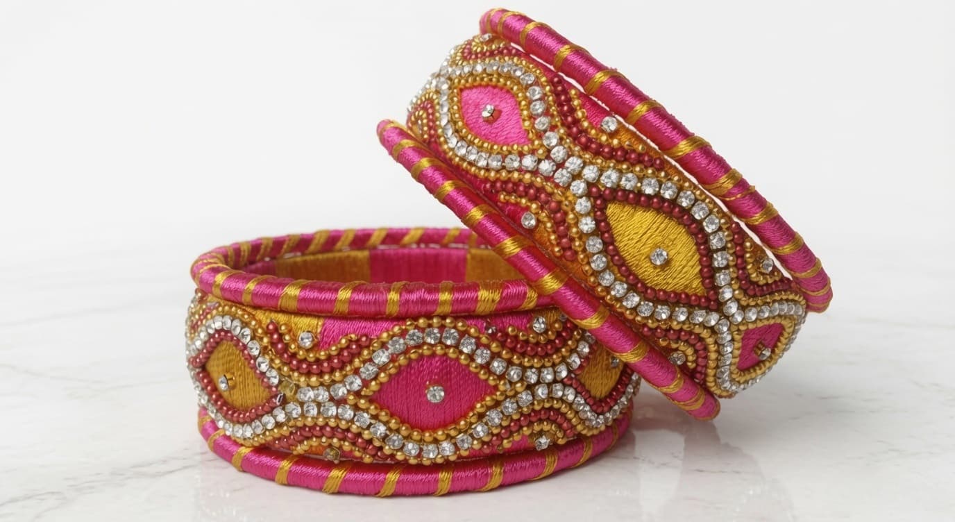 Shanti Collections® Royal Pink Paisley Heritage Handmade Silk Thread Bangle Set
