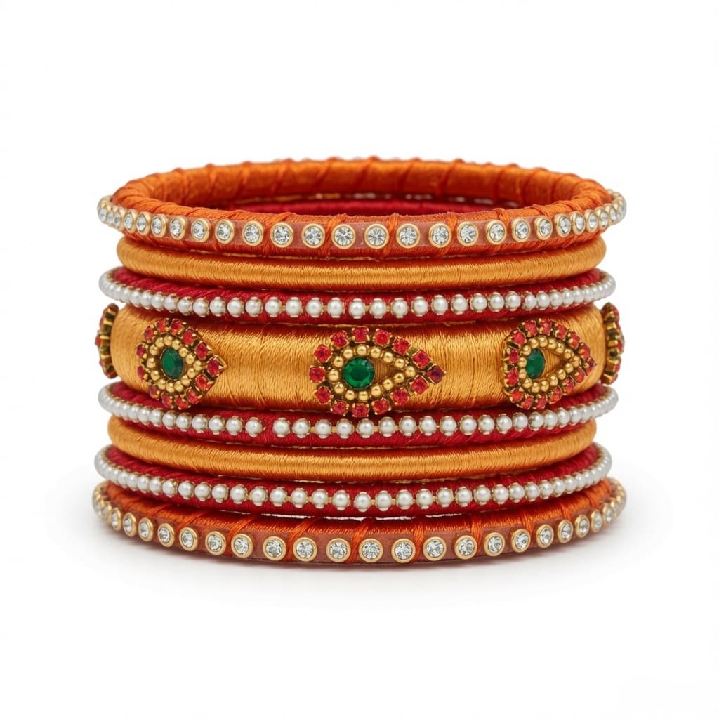 Shanti Collections Saffron Emerald Heritage Handmade Silk Thread Bangle Set | Premium Bridal Designer Bangles