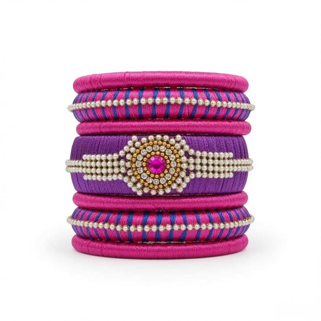 Shanti Collections Handmade Pink & Purple Silk Thread Designer Bangle Set | Pearl & American Diamond Floral Bangles