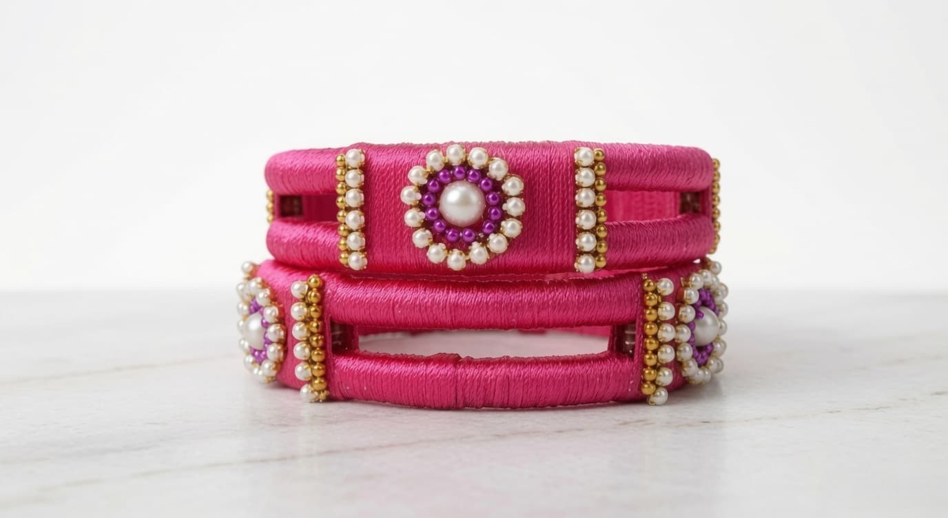 Shanti Collections® Royal Rani Pink Pearl Bloom Silk Thread Open Designer Bangle Pair – Handmade Luxury Ethnic Bangles for Women
