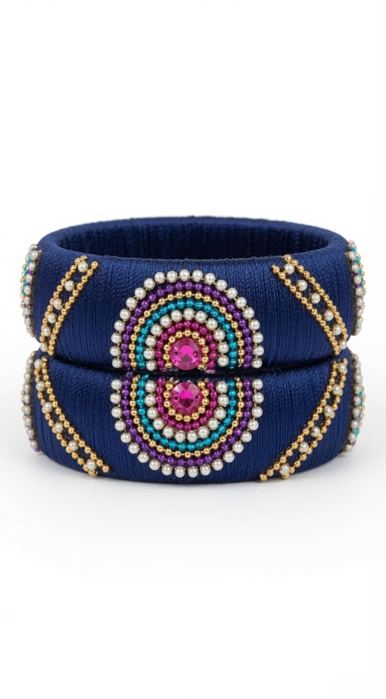 Shanti Collections Midnight Prism Pearl Handmade Silk Thread Bangle Pair | Designer Stone & Pearl Bridal Bangles