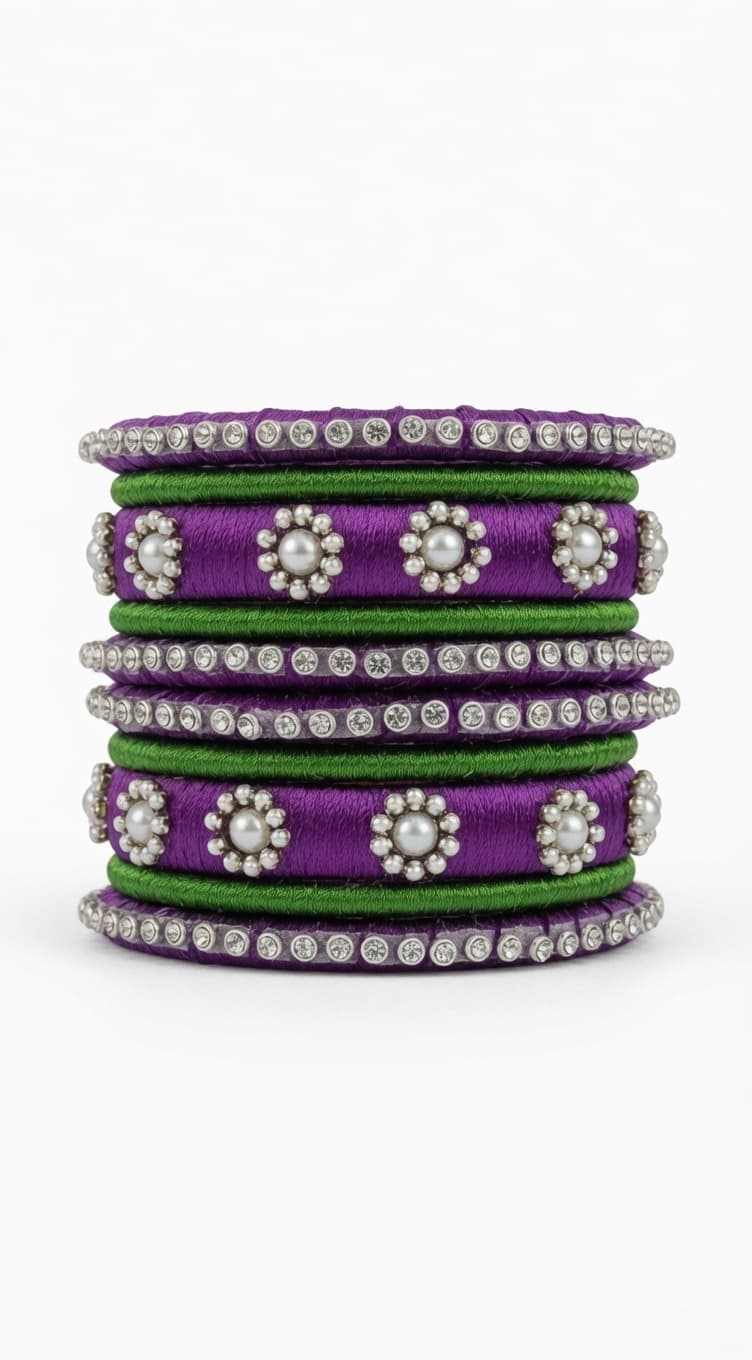Shanti Collections Royal Amethyst Pearl Bloom Handmade Silk Thread Bangle Set | Purple & Emerald Green Designer Bridal Collection